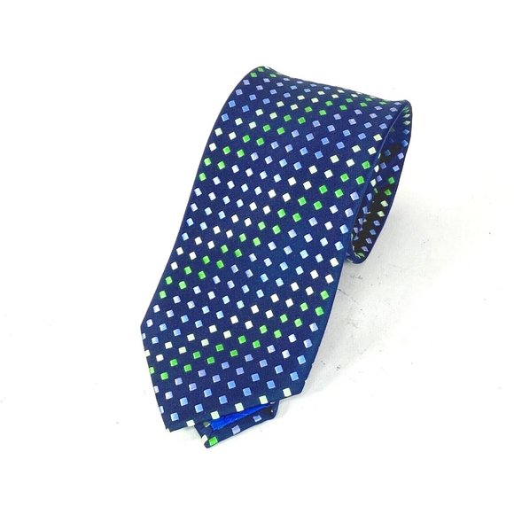T. M. Lewin Men's Necktie Navy Green Diamond Embroidered 100% Silk 0185 - Picture 1 of 6